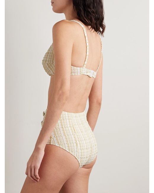 Lisa Marie Fernandez White Button-Embellished Striped Seersucker Bikini