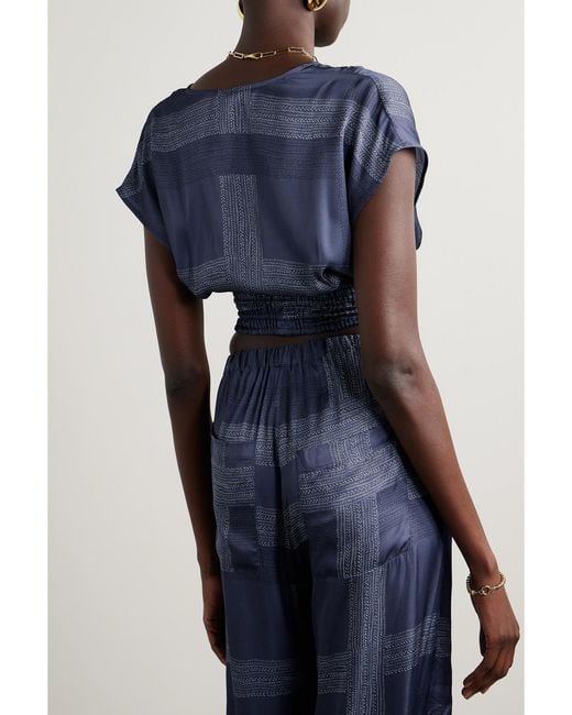 Lemlem Blue Net Sustain Alia Cropped Shirred Printed Charmeuse Top