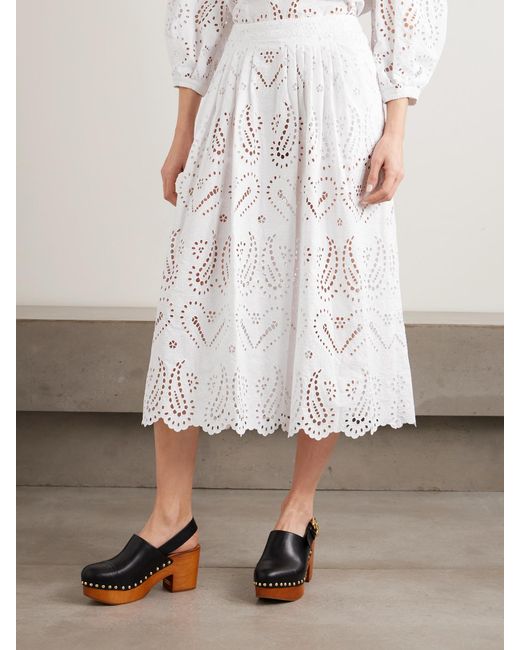 Etro White Pleated Scalloped Broderie Anglaise Cotton-Blend Poplin Midi Skirt