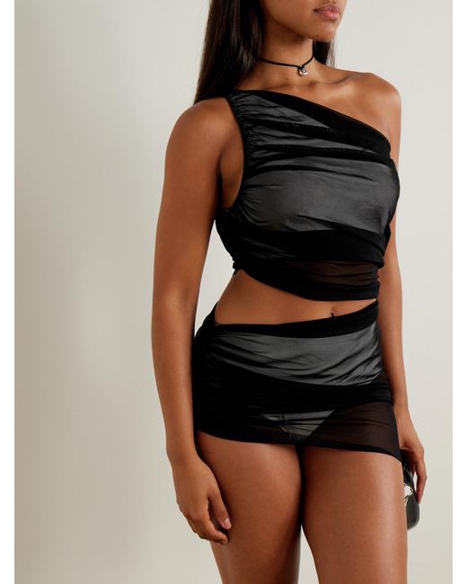 Norma Kamali Black Diana One-Shoulder Ruched Stretch-Mesh Top