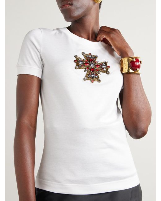 Dolce & Gabbana White T-Shirt Aus Baumwoll-Jersey Mit Verzierungen