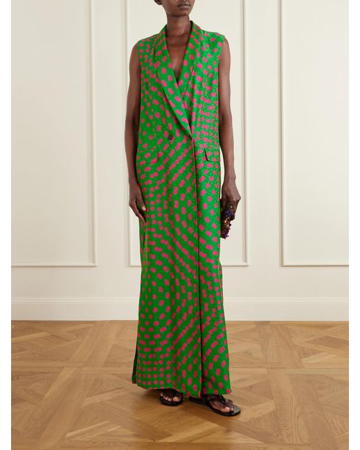 Dries Van Noten Green Polka-Dot Satin-Jacquard Long Coat