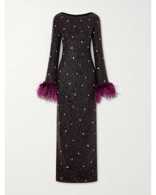 Clio Peppiatt Black Mae Feather-Trimmed Embellished Beaded Tulle Gown