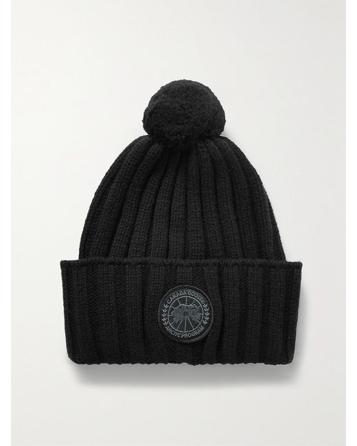 Canada Goose Black Tech Toque Pompom-Embellished Appliquéd Cashmere And Wool-Blend Beanie