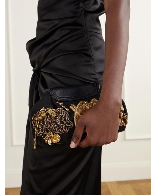 Dries Van Noten Black Bead-Embellished Embroidered Leather-Trimmed Cotton-Twill Clutch