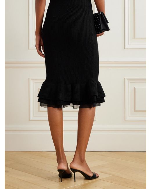 Nina Ricci Black Mehrlagiger Midirock Aus Einer Gerippten Wollmischung Mit Volants Und Tüllbesatz