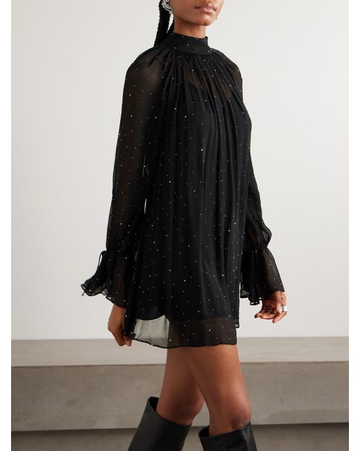 Staud Black Roux Crystal-Embellished Gathered Crepon Mini Dress