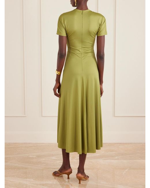 Victoria Beckham Green Gathered Satin-Jersey Midi Dress