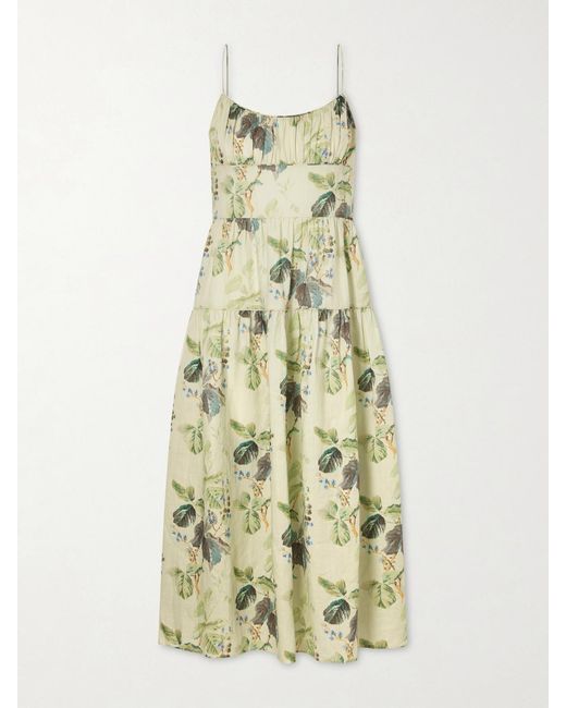 Doen White Benoit Tiered Gathered Floral-Print Ramie Midi Dress