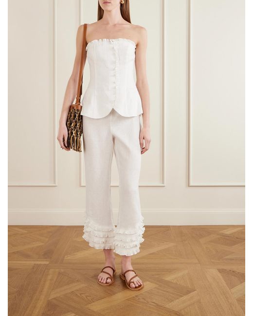 Posse White Florence Ruffled Linen Straight-Leg Pants