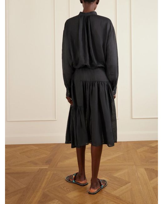 Dries Van Noten Black Pleated Ramie-Mousseline Midi Dress