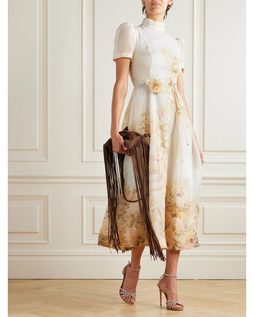 Zimmermann Natural Picnic Midikleid Aus Einer Leinen-Seidenmischung Mit Blumenprint Und Verzierungen