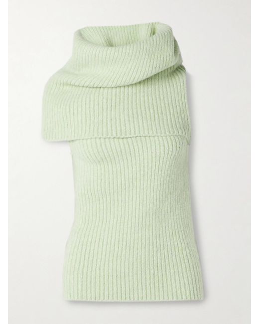 Rick Owens Green Draped Ribbed-Knit Turtleneck Sweater