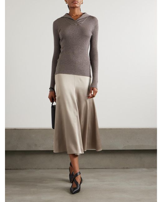 Brunello Cucinelli Natural Gathered Silk-Satin Midi Skirt