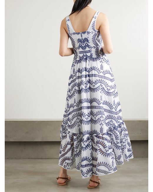 Charo Ruiz Blue Nissy Smocked Scalloped Broderie Anglaise Cotton-Blend Midi Dress