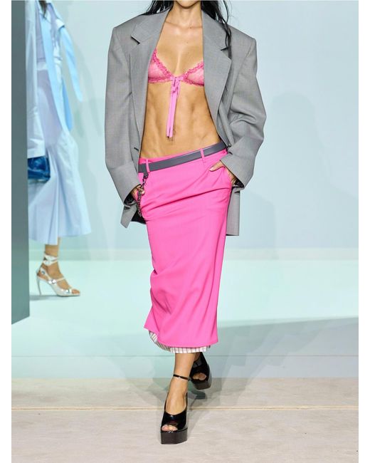 The Attico Pink Layered Striped Wool-Twill Midi Skirt