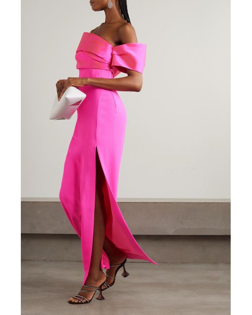 Solace London Pink Alexis Off-the-shoulder Satin-twill And Crepe Gown