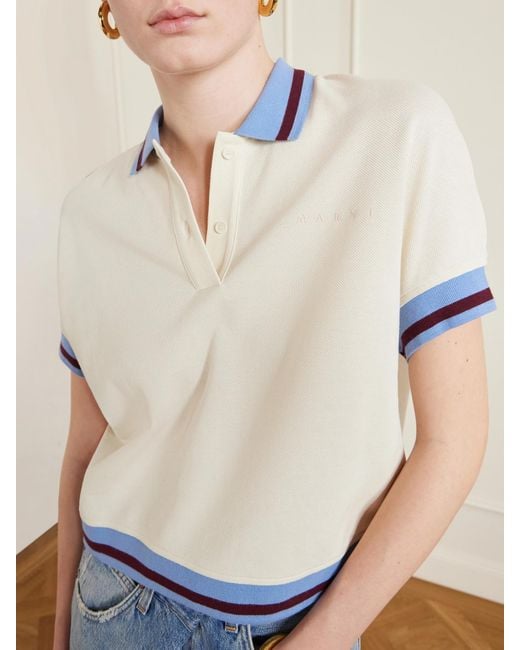 Marni Blue Embroidered Striped Cotton-Piqué Polo Shirt