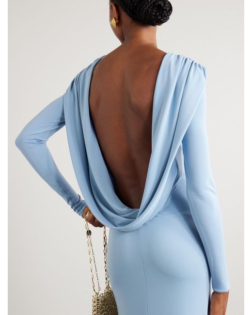 The New Arrivals Ilkyaz Ozel Blue Roisin Open-Back Draped Stretch-Jersey Gown