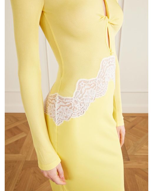 Christopher Esber Yellow Twisted-Front Cutout Lace-Trimmed Ribbed-Knit And Crepe Gown