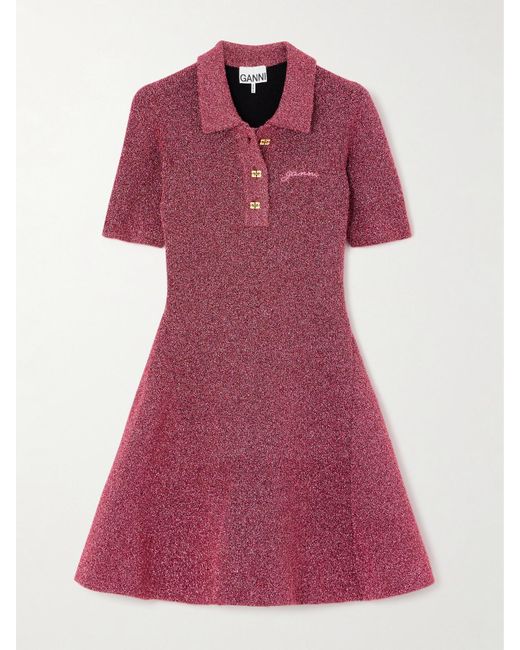 Ganni Embroidered Metallic-Knit Mini Dress in Pink | Lyst