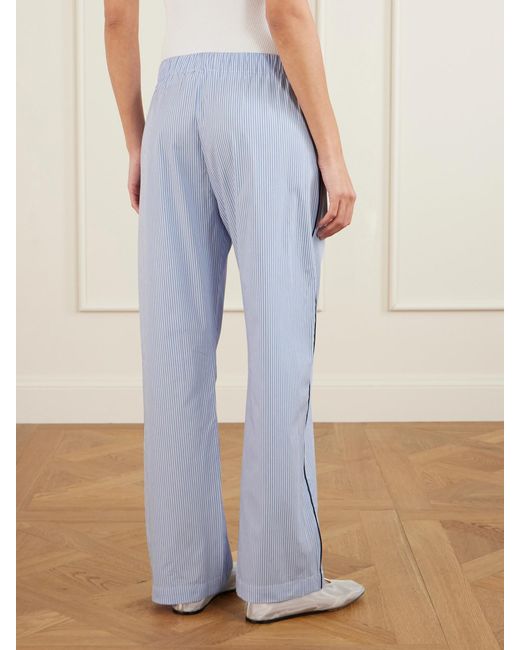 Sporty & Rich Blue Embroidered Striped Cotton-Poplin Pajama Pants