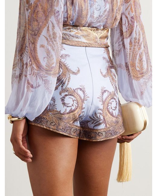 Zimmermann Purple Shorts Aus Bedrucktem Twill Aus Einer Seiden-Baumwollmischung Mit Bindegürtel