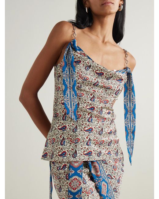 Rabanne Blue Chain-Detailed Paisley-Print Crepe Top