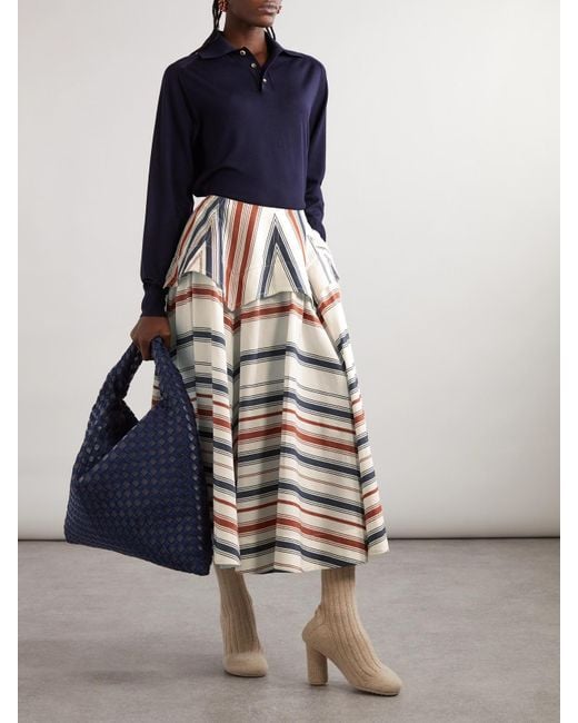 Bottega Veneta Blue Striped Cotton And Linen-Blend Midi Skirt