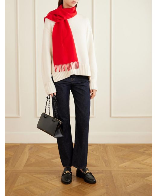 Jil Sander Red Fringed Virgin Wool Scarf
