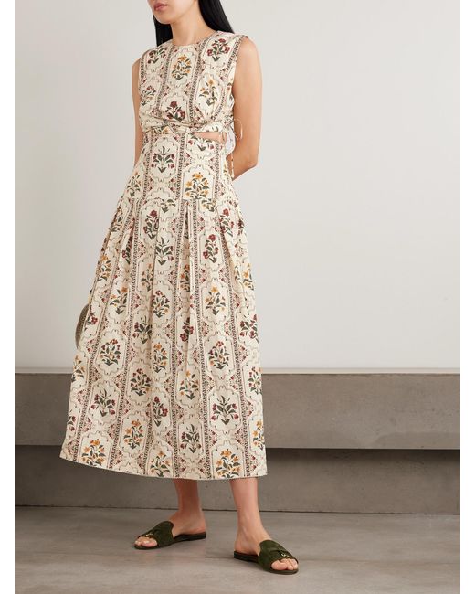 Agua Bendita Natural Otoño Andes Embellished Cutout Pleated Printed Cotton Midi Dress