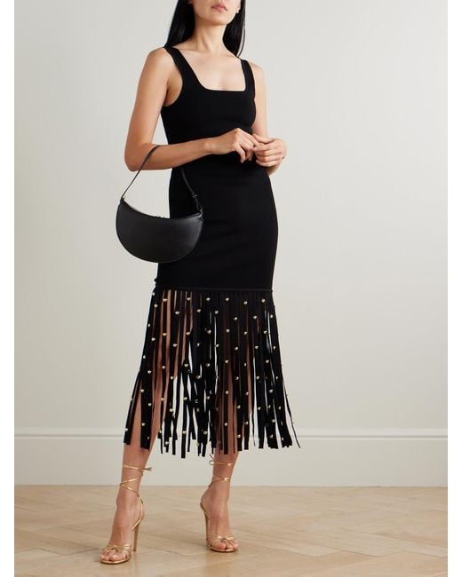 Jonathan Simkhai Black Romelia Embellished Fringed Stretch-Knit Midi Dress