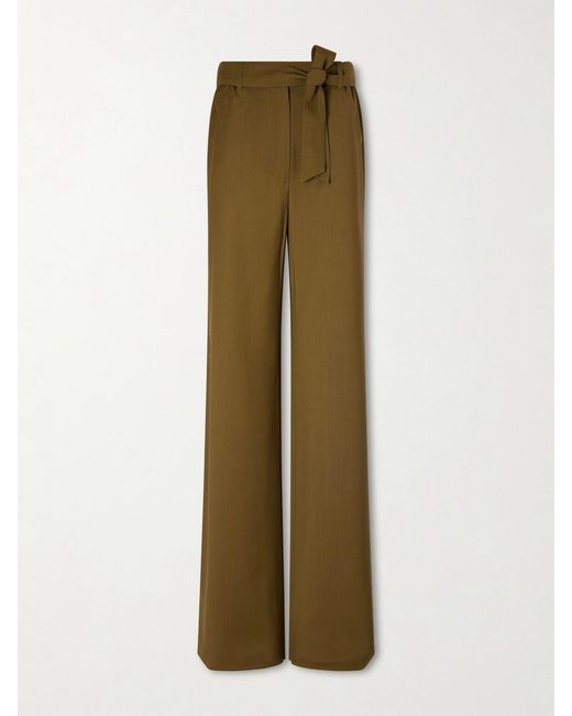 Max Mara Green Editto Belted Wool Grain De Poudre Wide-Leg Pants
