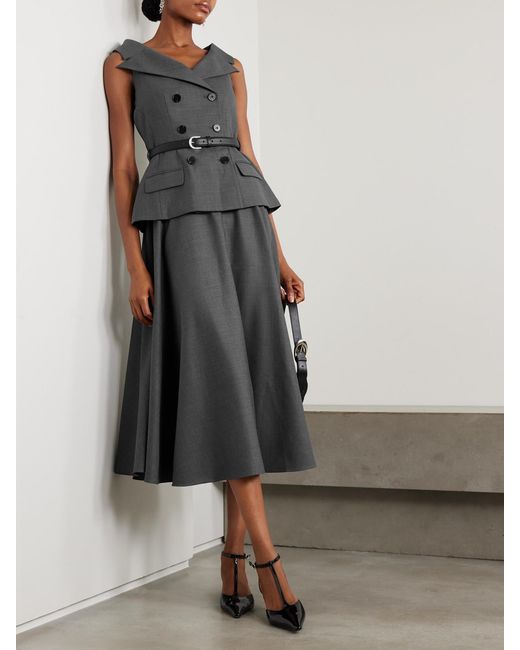 Self-Portrait Gray Belted Wool-Blend Midi Dress