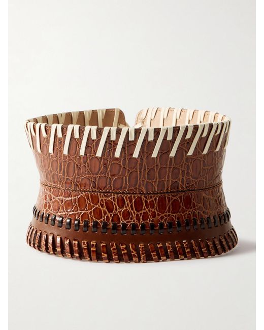Dries Van Noten Brown Whipstitched Paneled Croc-Effect Leather Corset Belt
