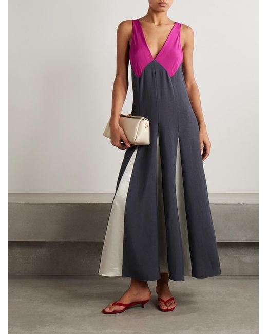 Maria McManus Purple Paneled Twill, Crepe De Chine And Satin Maxi Dress