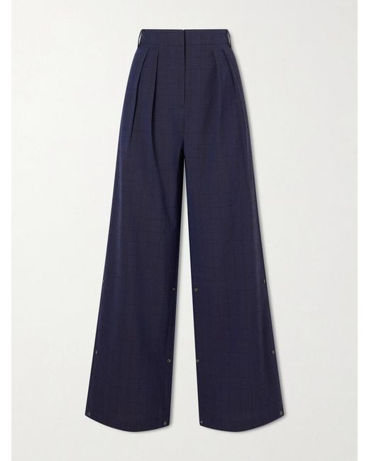 Tibi Blue Stella Pleated Checked Wool And Cotton-Blend Wide-Leg Pants