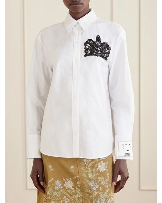 Erdem White Embellished Lace-Trimmed Organic Cotton-Poplin Shirt