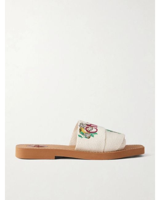 Chloé White Embroidered Linen-Trim Sandals