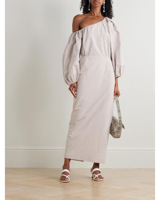 BERNADETTE White Cara Schulterfreies Midikleid Aus Gestreiftem Baumwoll-Seersucker Mit Raffungen