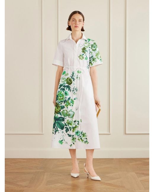 Erdem Green Floral-Print Cotton-Poplin Midi Shirt Dress