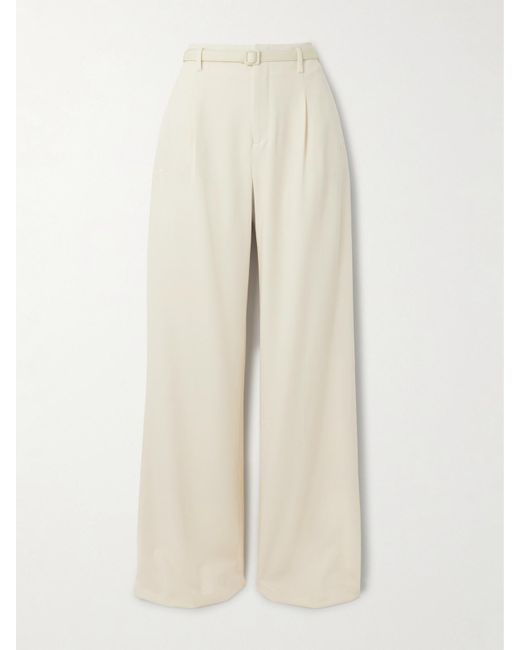 Ralph Lauren Natural Acklie Belted Pleated Wool Wide-Leg Pants