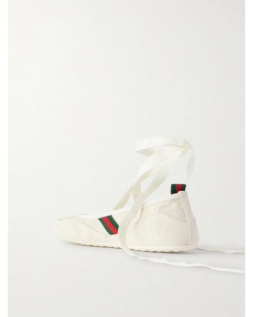 Gucci Natural Shift Webbing-Trimmed Canvas-Jacquard And Suede Ballet Flats
