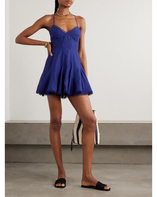 Charo Ruiz Blue Marlene Pleated Guipure Lace-Trimmed Cotton-Blend Voile Mini Dress