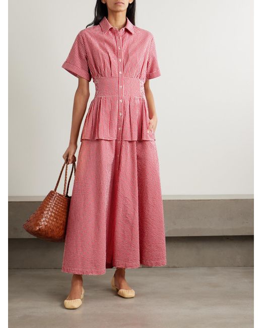 Rosie Assoulin Pink Boogie Woogie Bugle Boy Gingham Cotton-Seersucker Maxi Shirt Dress