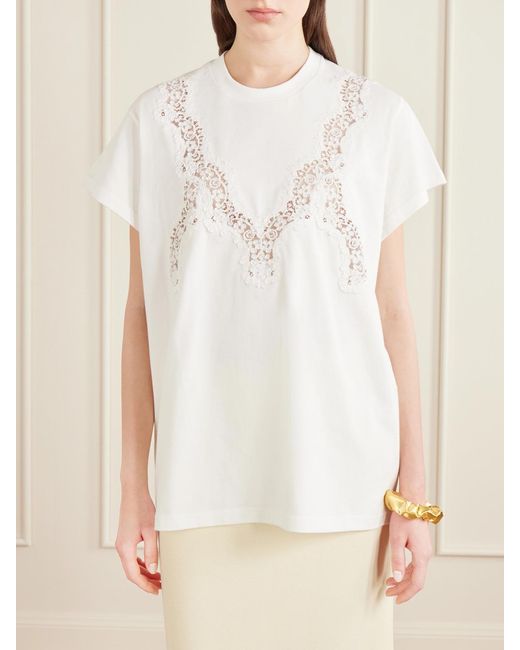 Stella McCartney White Lace-Trimmed Cotton-Jersey T-Shirt