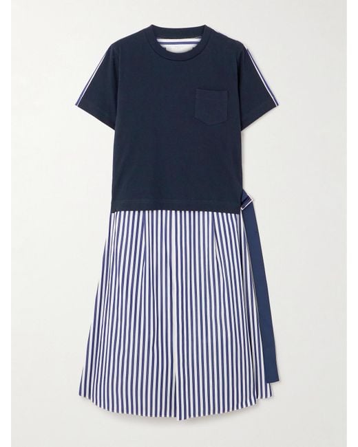 Sacai Blue Belted Striped Cotton-Poplin And Jersey Midi Dress