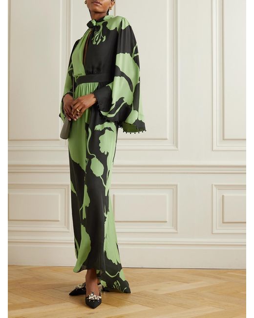 Johanna Ortiz Green Net Sustain Embellished Twist-Front Floral-Print Silk Maxi Dress