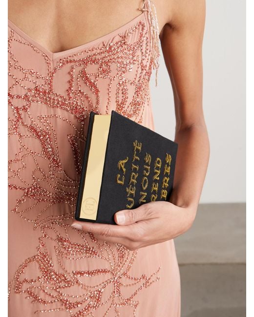 Olympia Le-Tan Black La Vérité Nous Rend Libre Embroidered Canvas Clutch