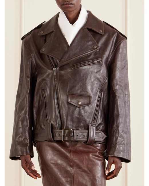 Saint Laurent Brown Glossed Textured-Leather Biker Jacket